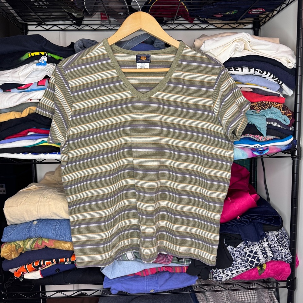 VINTAGE 90s ROUTE 66 STRIPED EARTHCORE V-NECK TEE